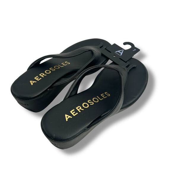 NEW Aerosoles Isha Wedge Sandals Size 7 Black Thong Platform Flip Flops - Picture 9 of 10